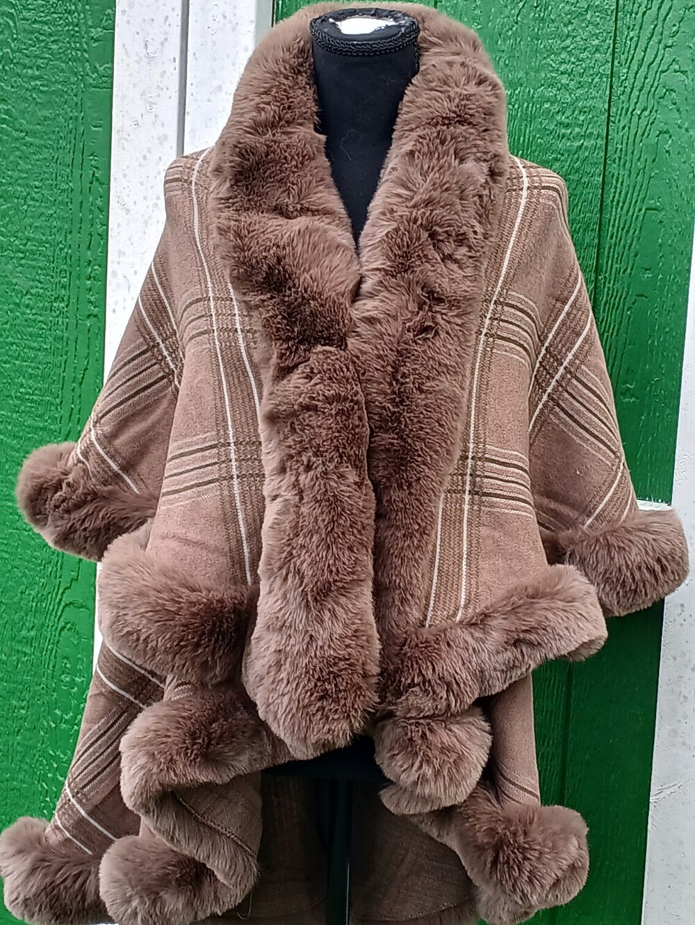 Magnificent Mocha Plaid Wrap Jacket With Faux Fur Accents - Picture 10 of 16